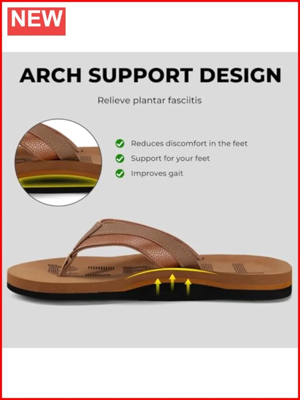 Men's Beach Flip Flops Arch Support Slip Resistant Cushioned Sandals